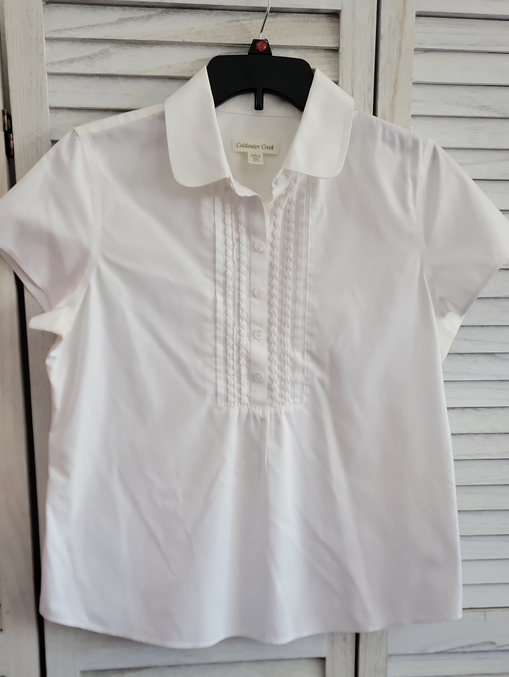 Coldwater Creek White Pintuck Polo Blouse Short Sleeve - Excellent Condition